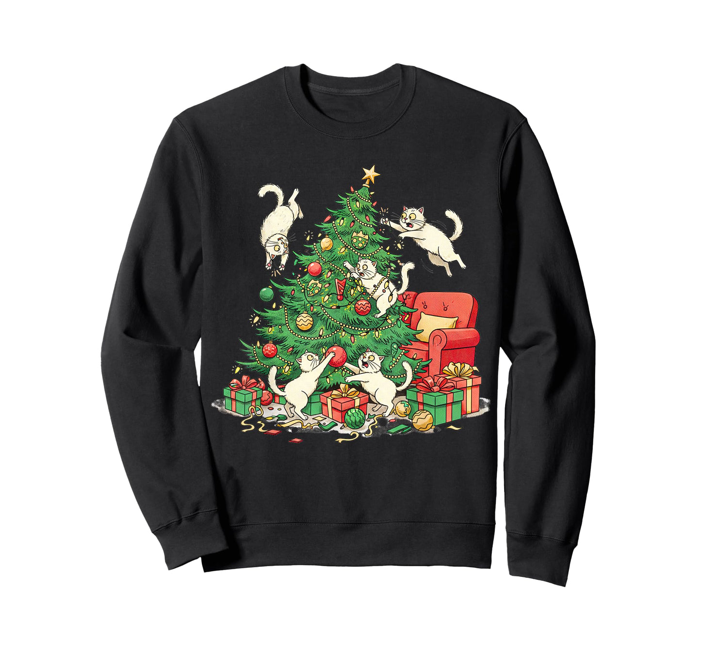 Funny Cat Christmas Tree Chaos Festive Holiday Art T-Shirt