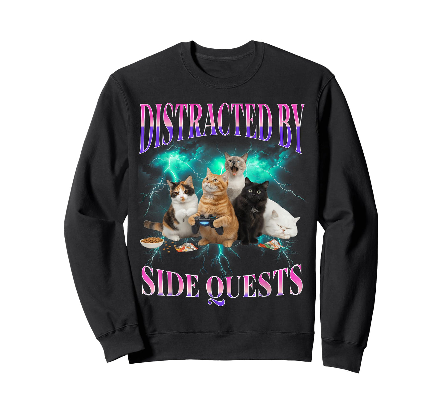Cats Side Quest Distracted Tabletop Funny Men Bootleg 90s T-Shirt