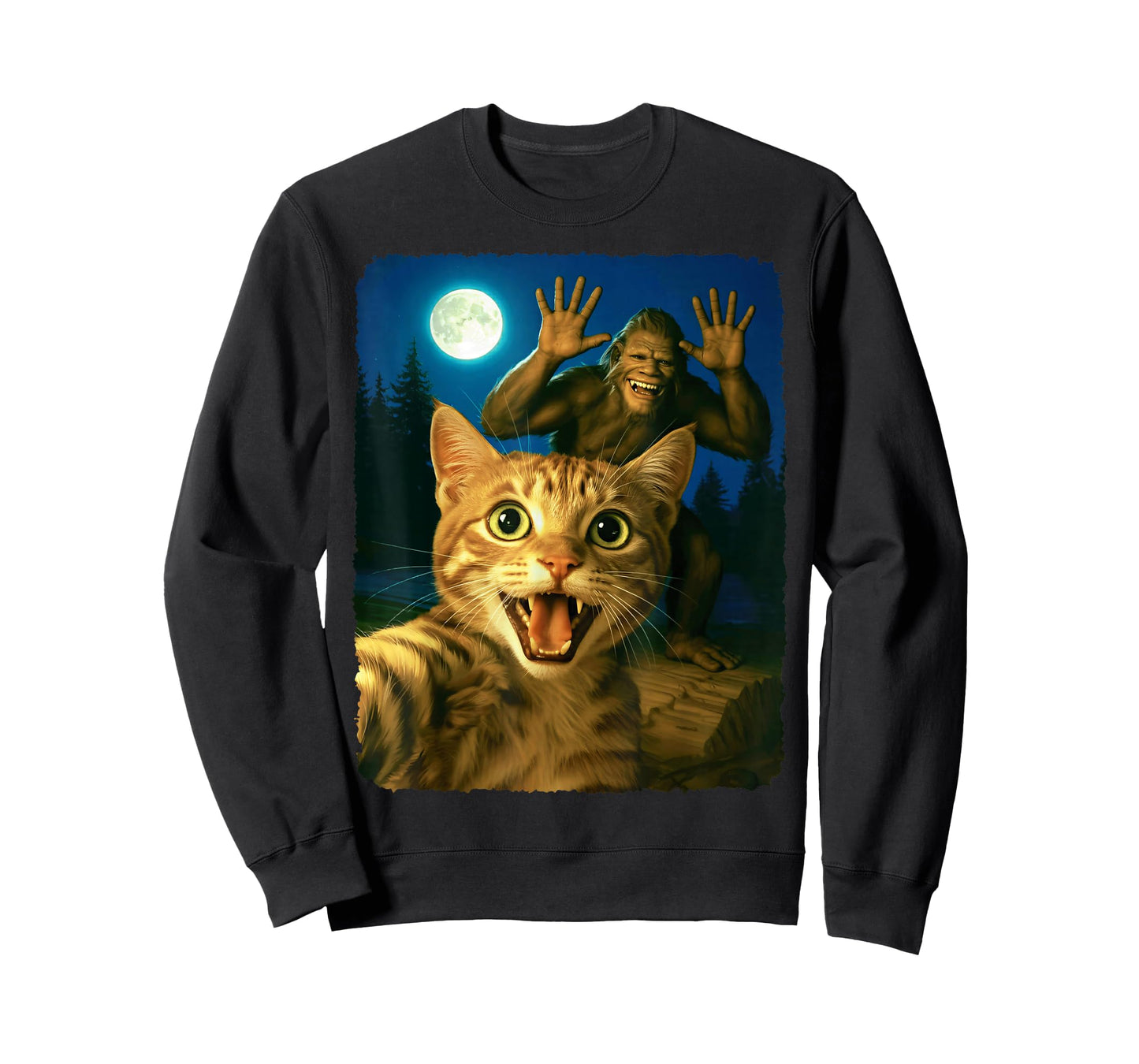 Scared Cat Selfie with Bigfoot Funny Sasquatch Cat Meme Cute T-Shirt