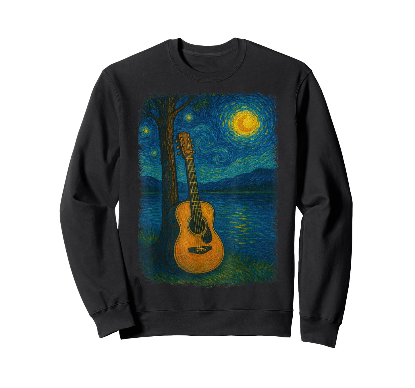 Acoustic Guitar Lake Starry Night Van Gogh Music Guitarist T-Shirt
