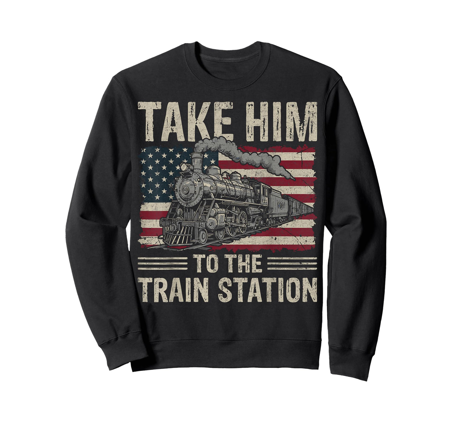 Take Him to The Train Station USA Flag Locomotive Railroad T-Shirt