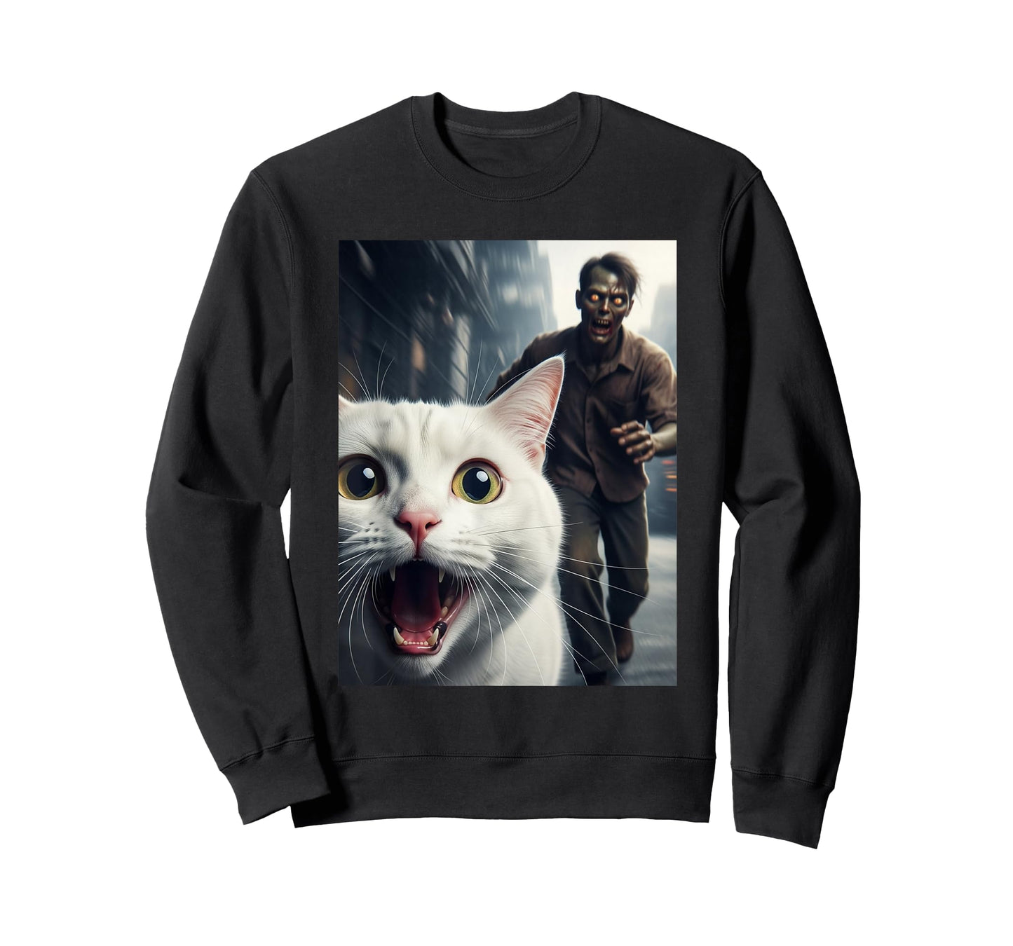 White Cat Selfie with Zombie Funny Pet Owner Graphic T-Shirt