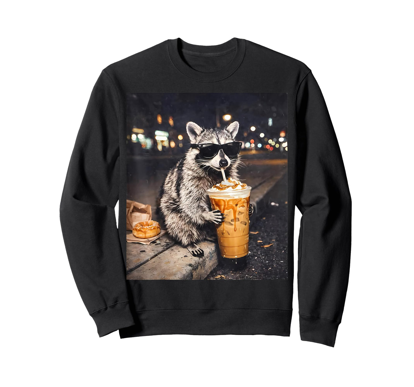 Cool Raccoon Drinking Iced Coffee Animal Meme Graphic T-Shirt