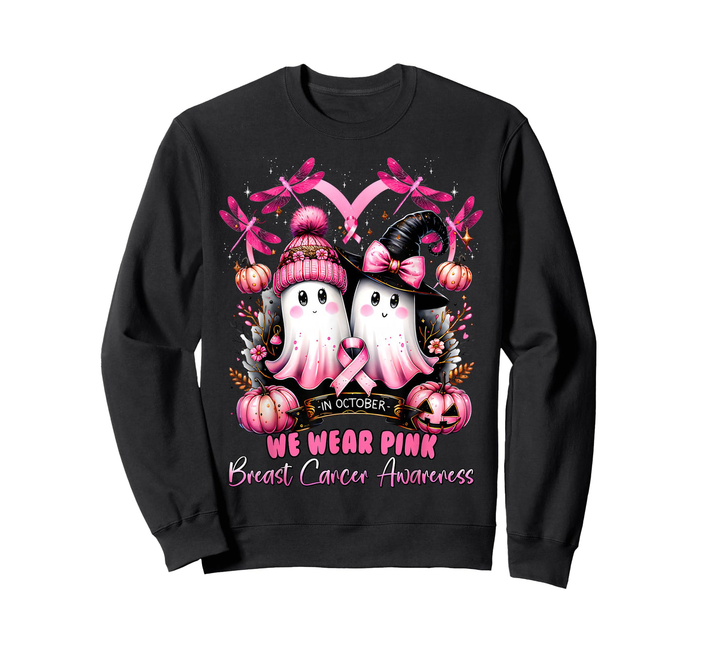 in October We Wear Pink Ghost Witch Breast Cancer Awareness T-Shirt