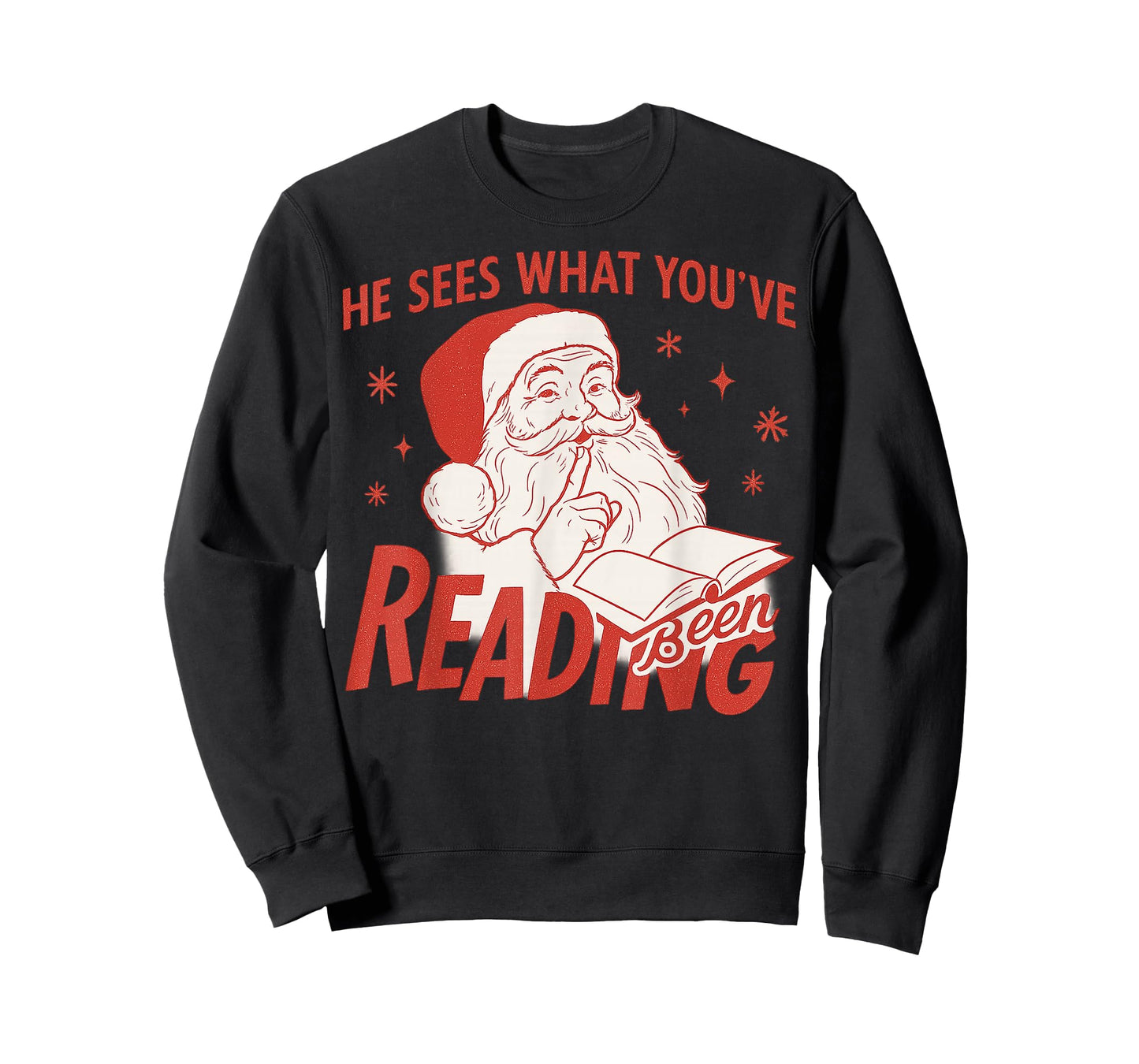 He Sees What You’ve Been Reading Funny Bookish Santa Xmas T-Shirt