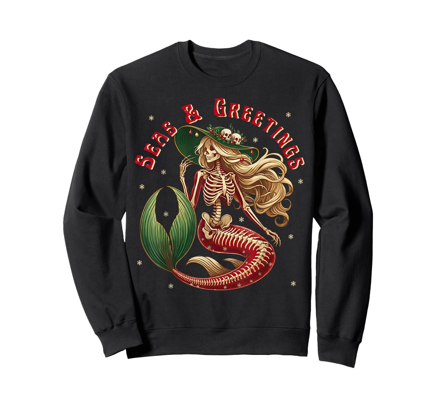 Skeleton Mermaid Christmas Gothic Coastal Beach Vibes Xmas T-Shirt