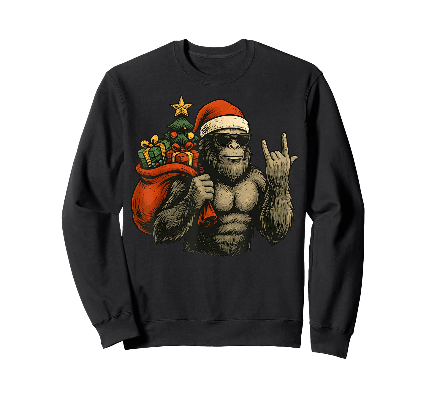 Bigfoot Santa Christmas Tree Rock On Funny Xmas Sasquatch T-Shirt