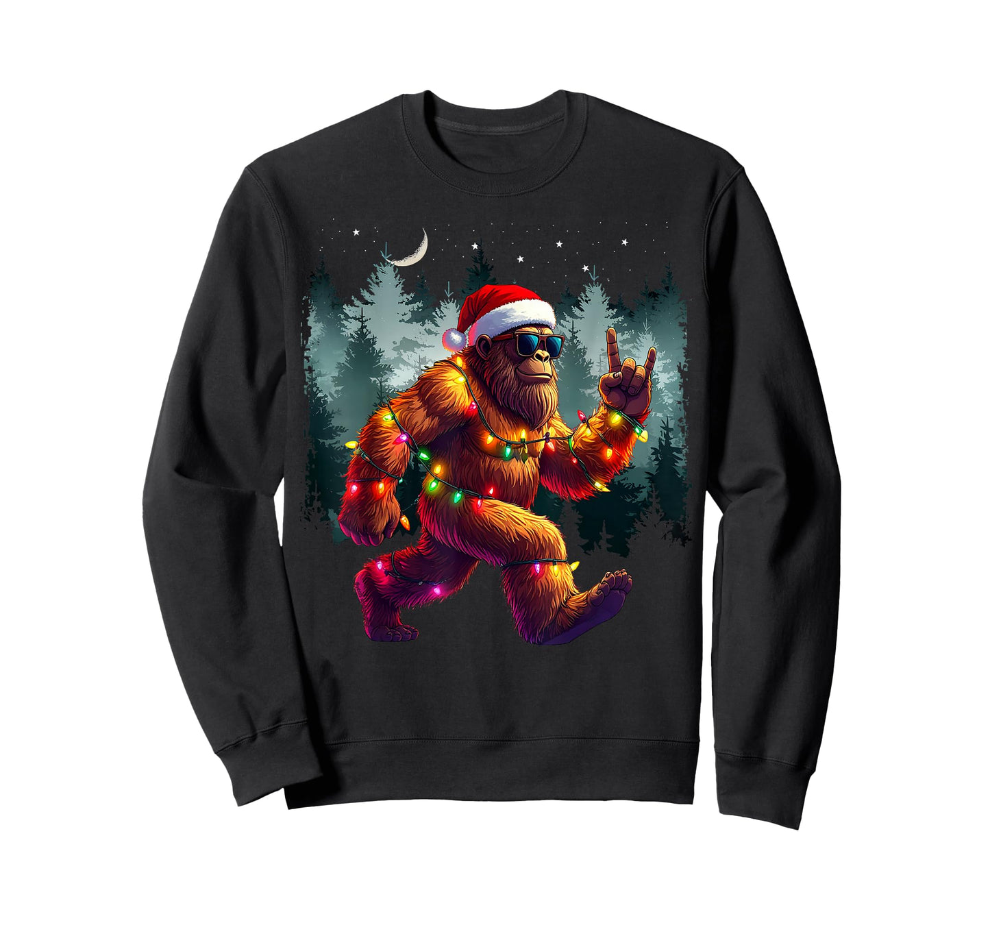 Cool Devil Horns Sasquatch Holiday Lights Christmas Bigfoot T-Shirt