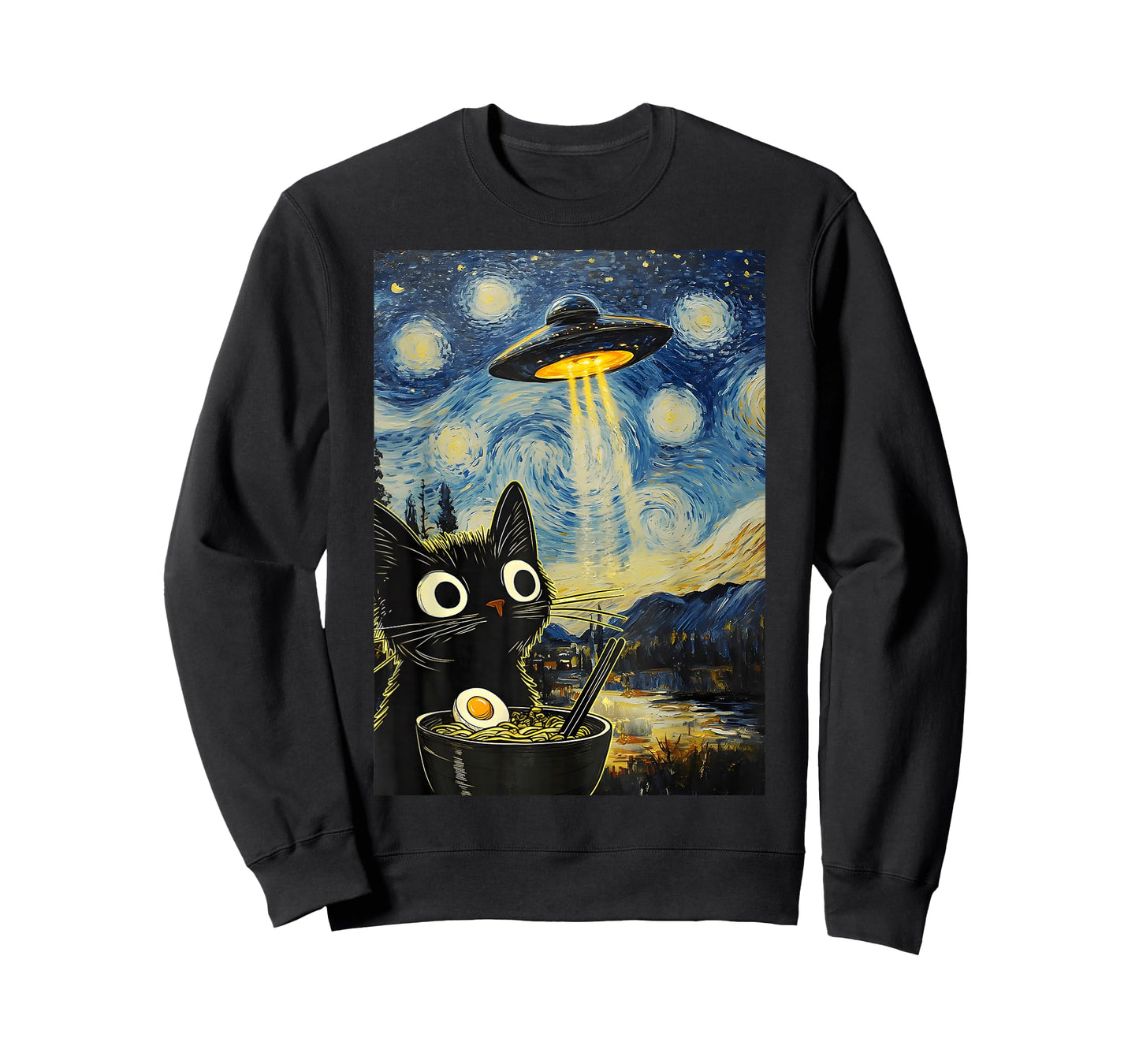 Kawaii Cat Ramen UFO Starry Night Retro Japanese Anime T-Shirt