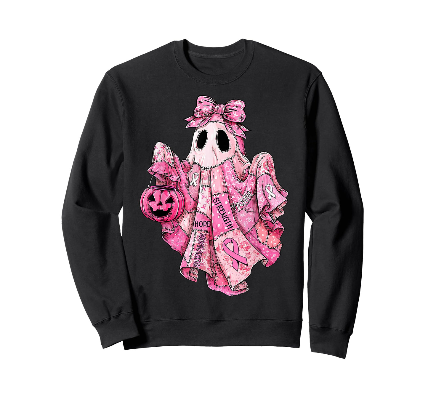 Breast Cancer Pink Ribbon Patchwork Ghost Halloween Women T-Shirt