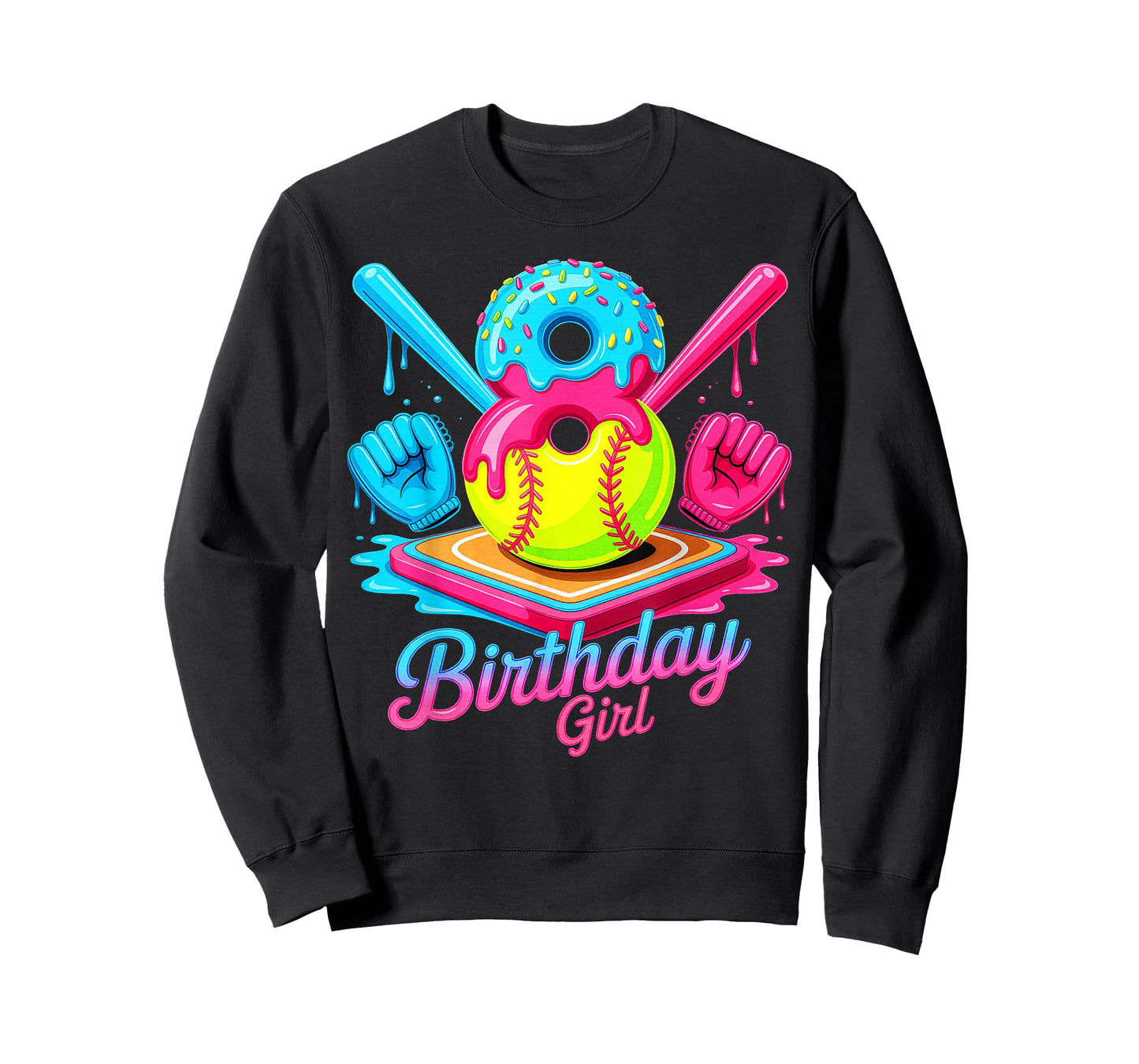 8th Birthday Softball Ice Cream Drip 8 Years Old Girls Bday T-Shirt
