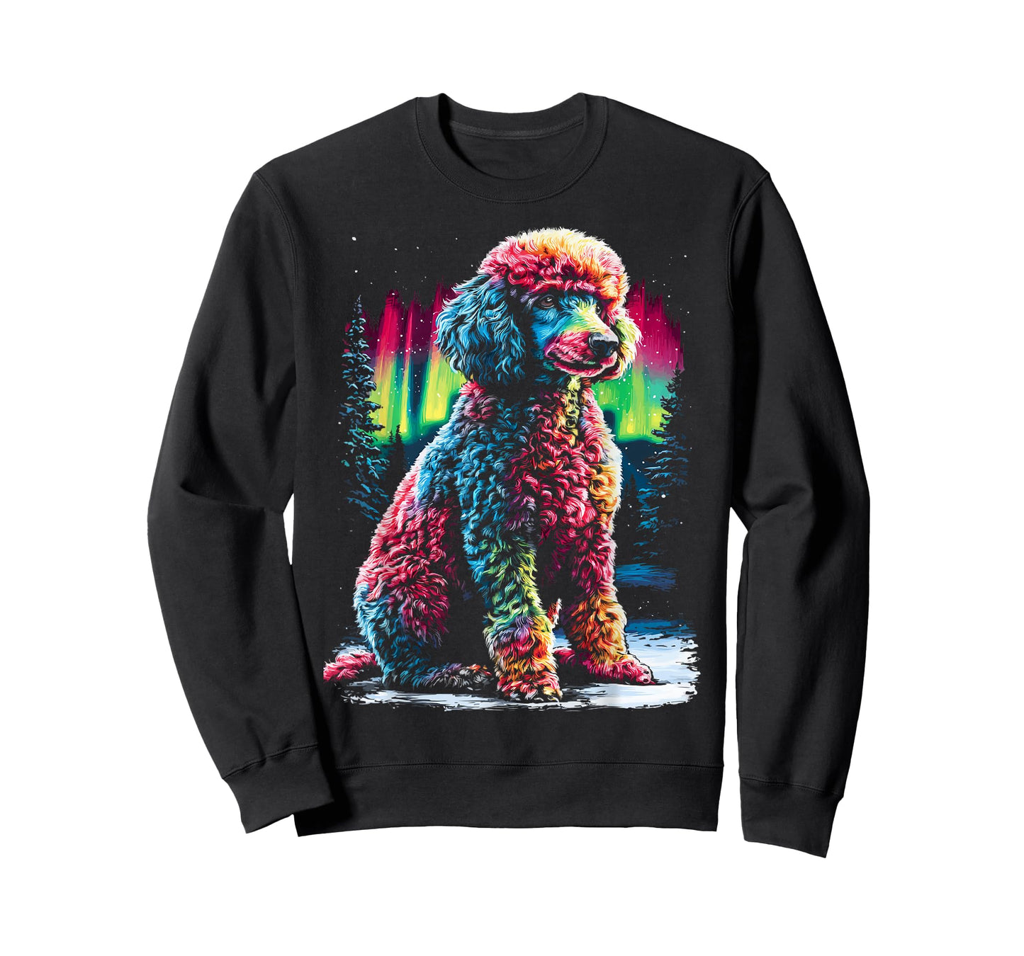 Colorful Poodle Dog Aurora Borealis Winter Forest Graphic T-Shirt
