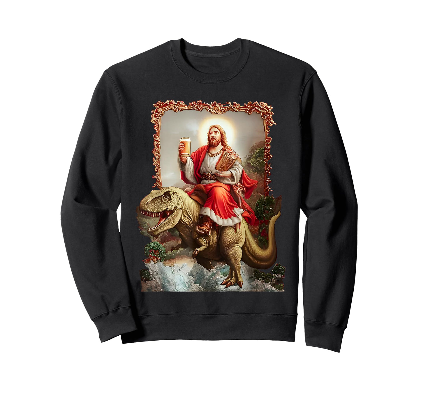 Jesus Riding a Dinosaur and Drinking Beer Art T-Shirt