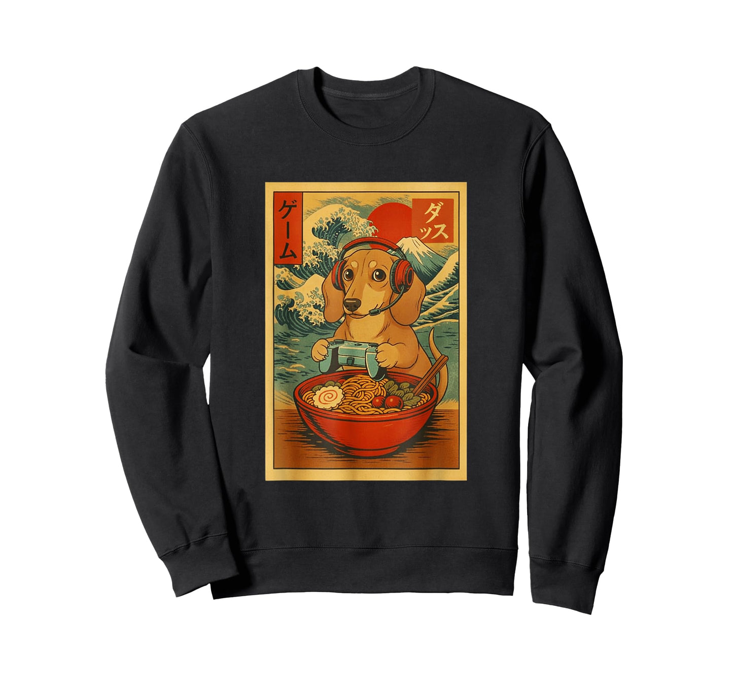 Dachshund Gaming Ramen Japanese Ukiyo-e Great Wave Retro Art T-Shirt