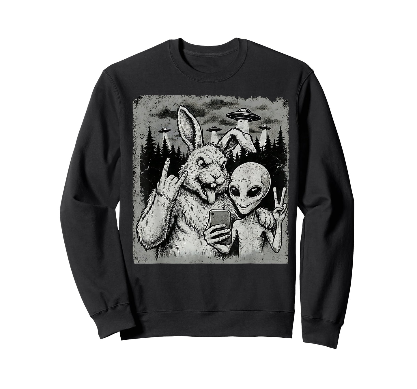 Funny Rabbit and Alien Rock On Hand Sign UFO Selfie T-Shirt