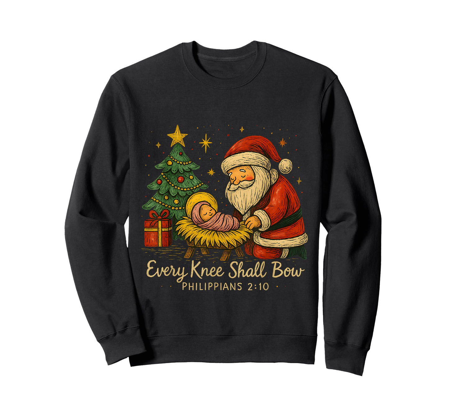 Santa Kneels at Manger – Every Knee Shall Bow Verse T-Shirt