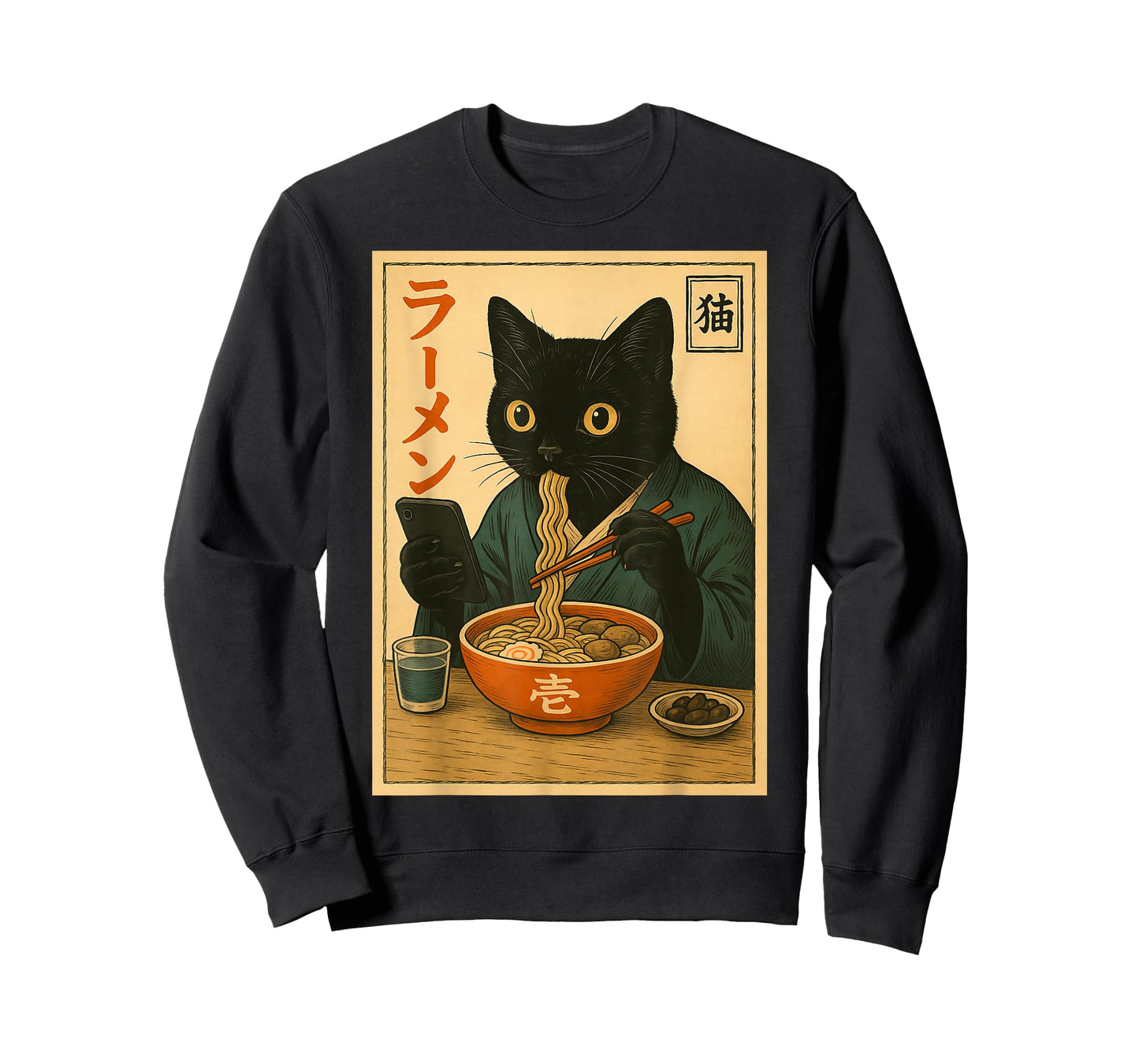 Funny Black Cat Eat Ramen Japan Japanese Outfit Men Women T-Shirt