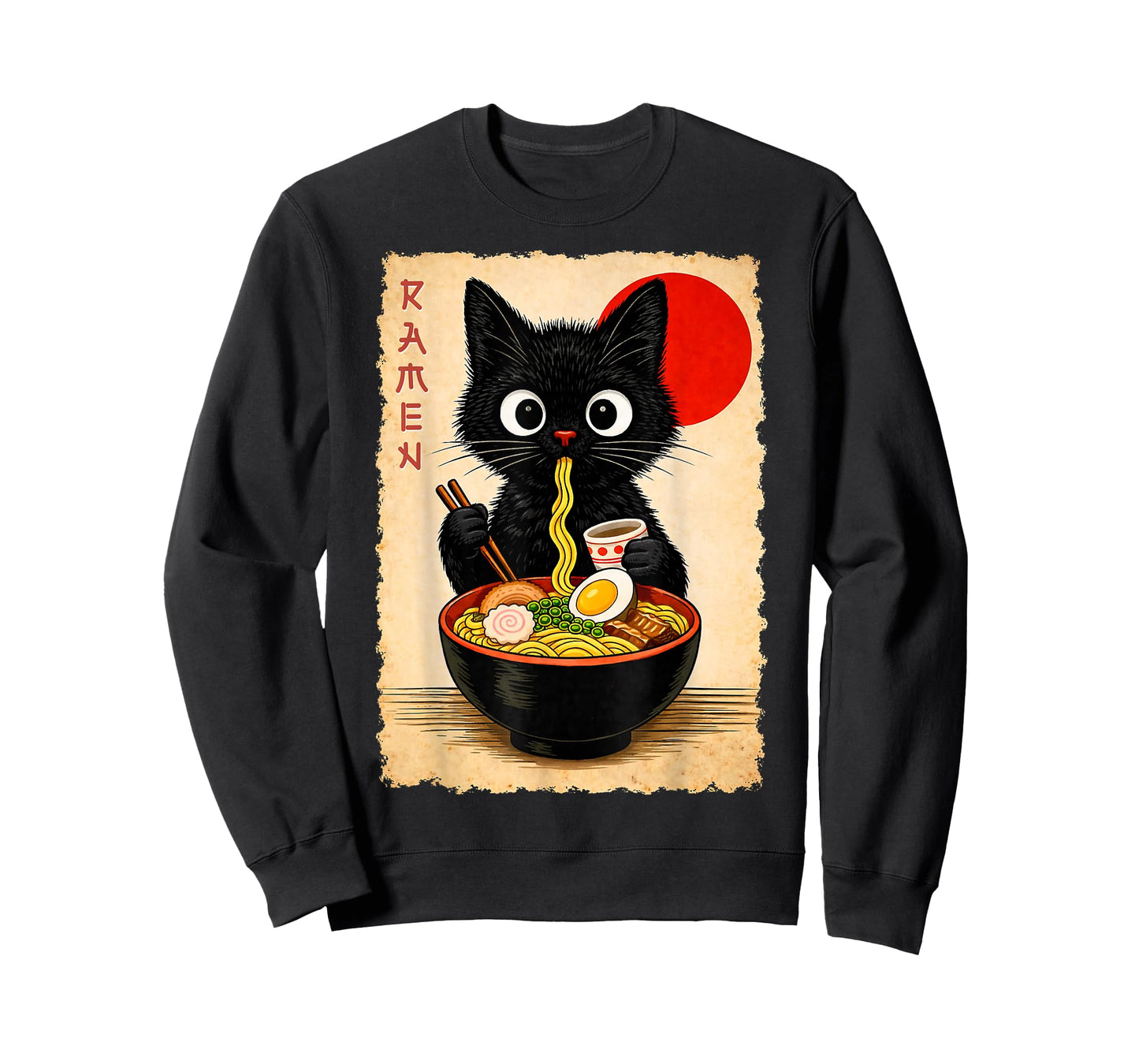 Cute Black Cat Eating Ramen Artwork Print Anime Style Wall T-Shirt