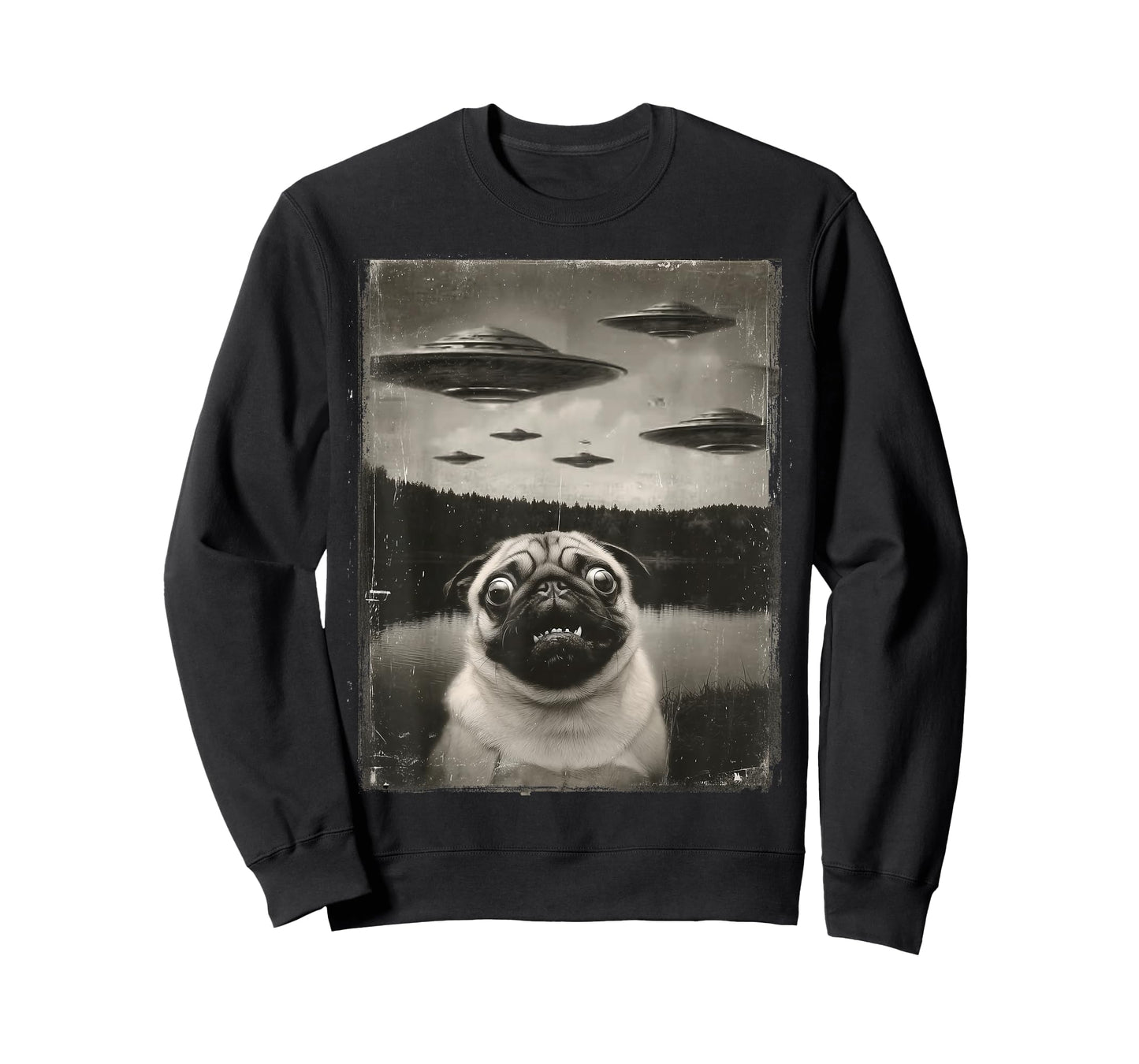 Pug Dog Selfie with UFO Alien Puppy Funny Men Women Kids T-Shirt