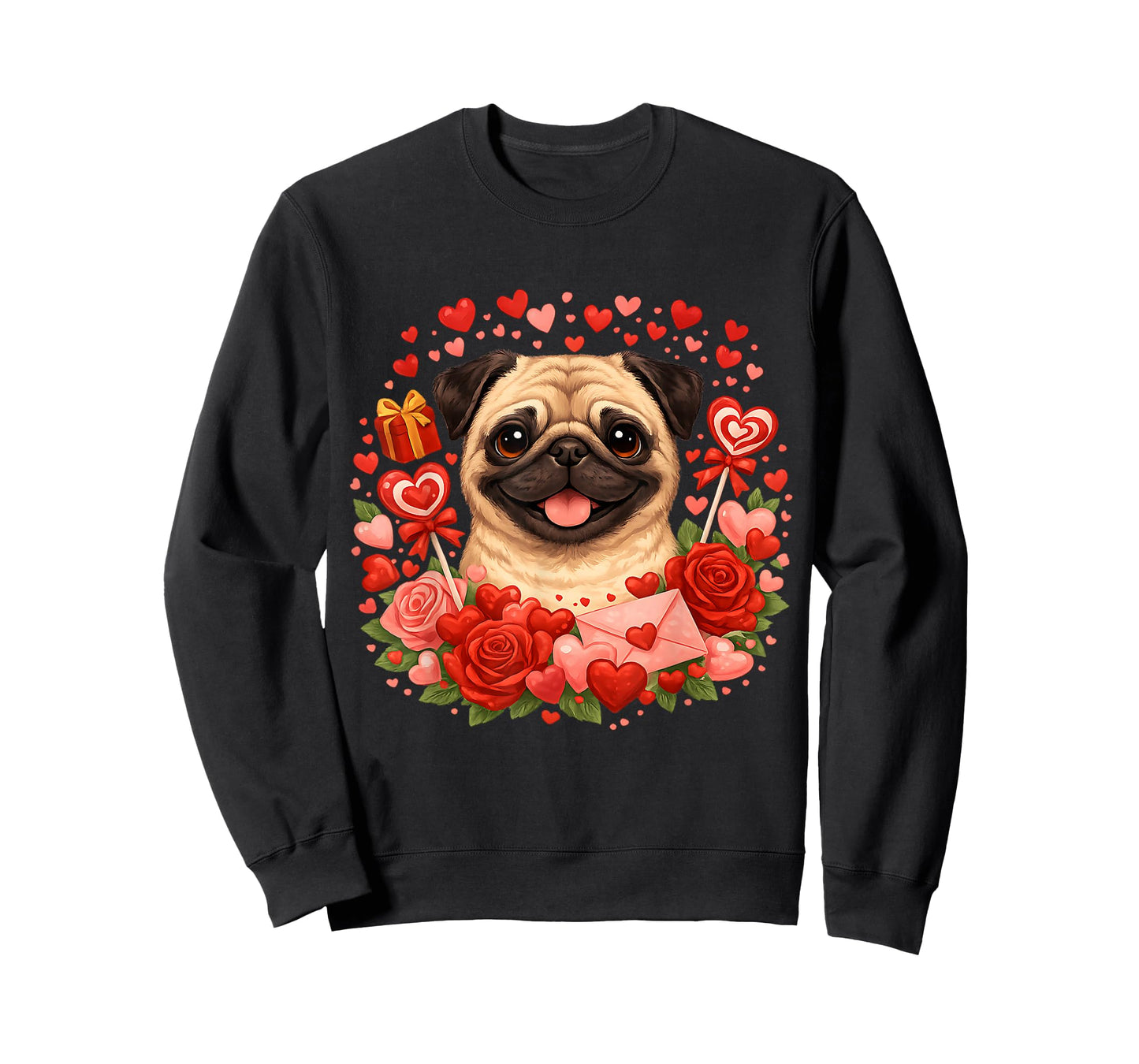 Cute Pug Valentine Day Hearts Roses T-Shirt