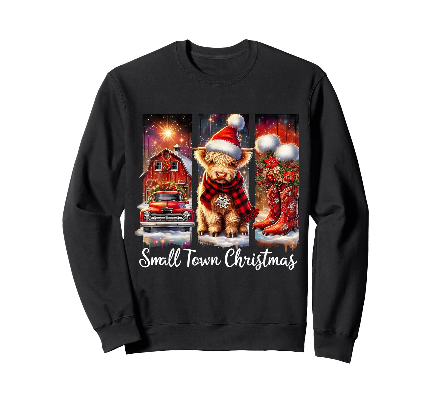 Small Town Christmas Highland Cow Western Art T-Shirt