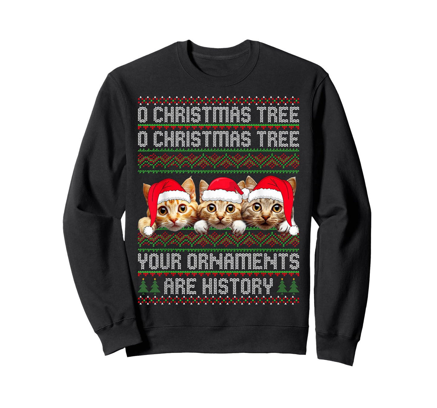 3 Cat Christmas Tree Ugly Sweater Santa Hat Funny Cat Xmas T-Shirt