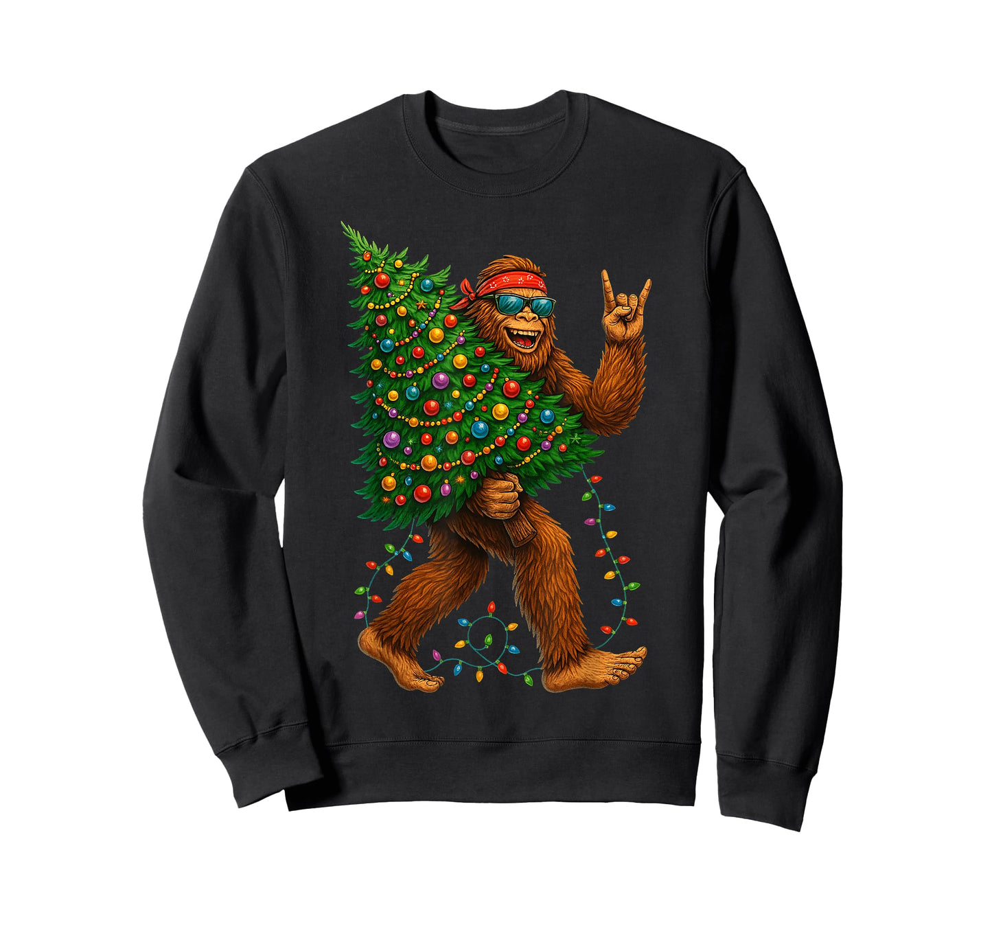 Rockin Christmas Bigfoot Carrying Tree Fun Xmas Rock n Roll T-Shirt