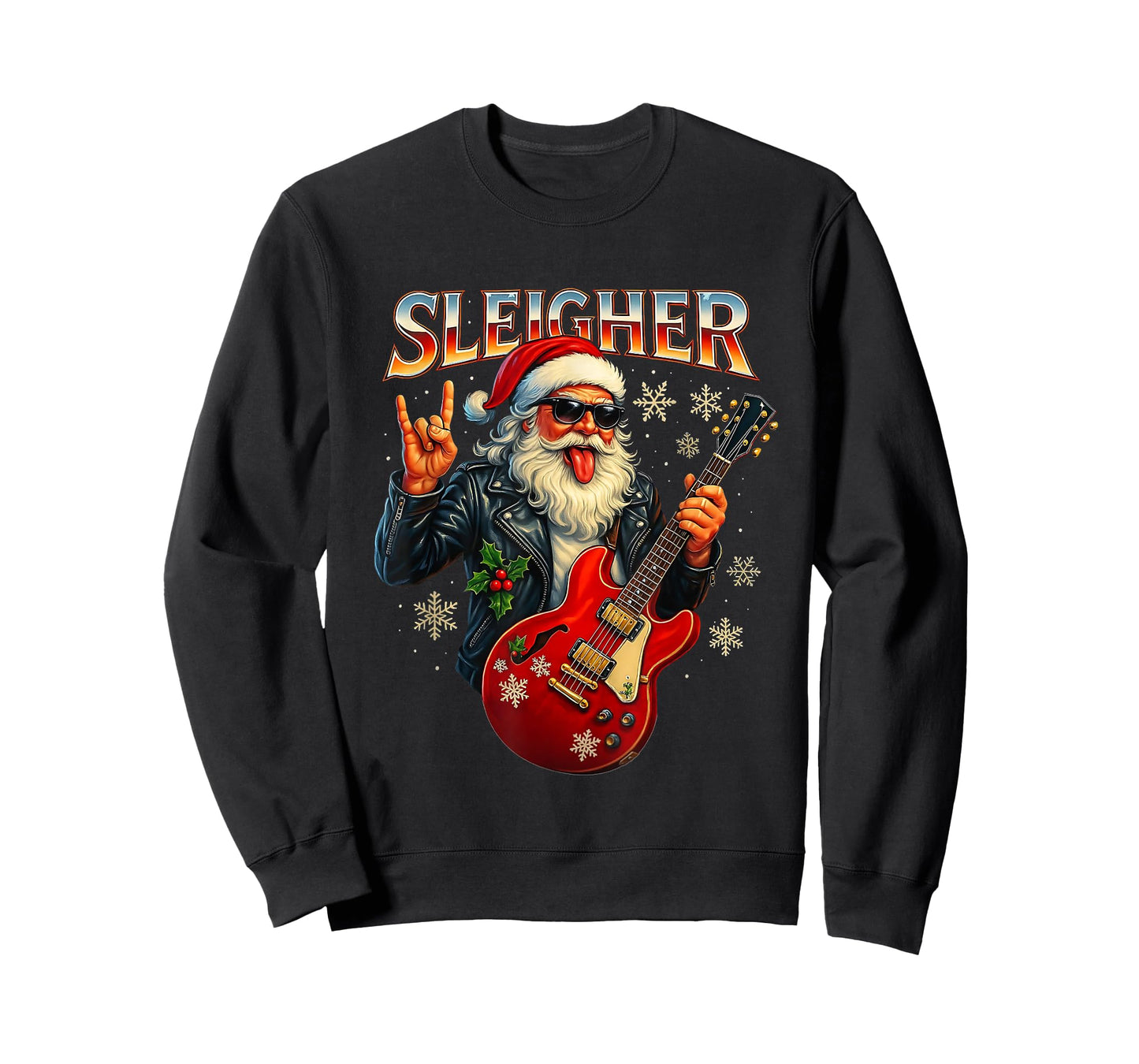 Sleigher Rock Santa Funny Metal Christmas Design T-Shirt