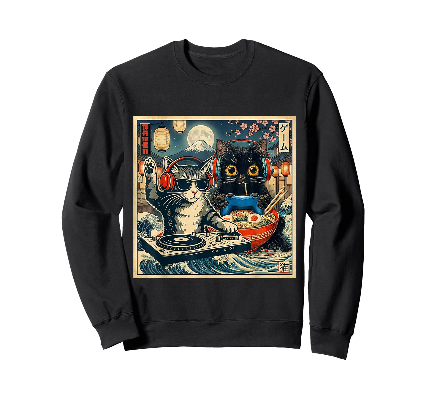 Dj Cat Vintage Style Music Black Cat Anime Ramen Japanese T-Shirt