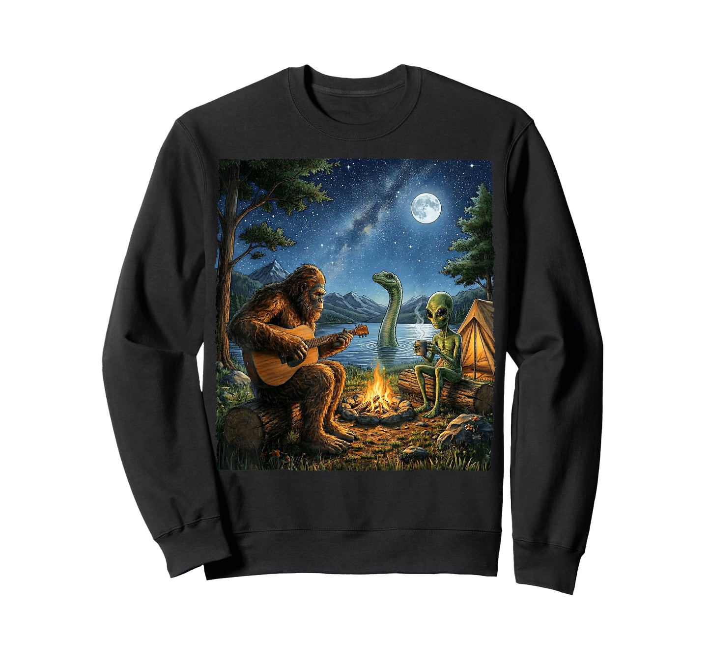 Bigfoot and Alien Loch Ness Campfire Sasquatch Funny Camping T-Shirt