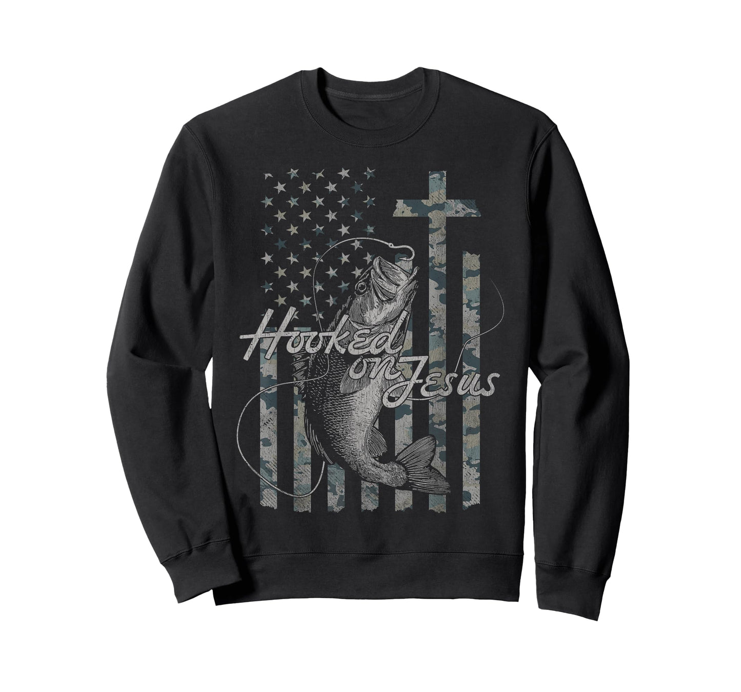 Hooked on Jesus Christian American Flag Fishing T-Shirt