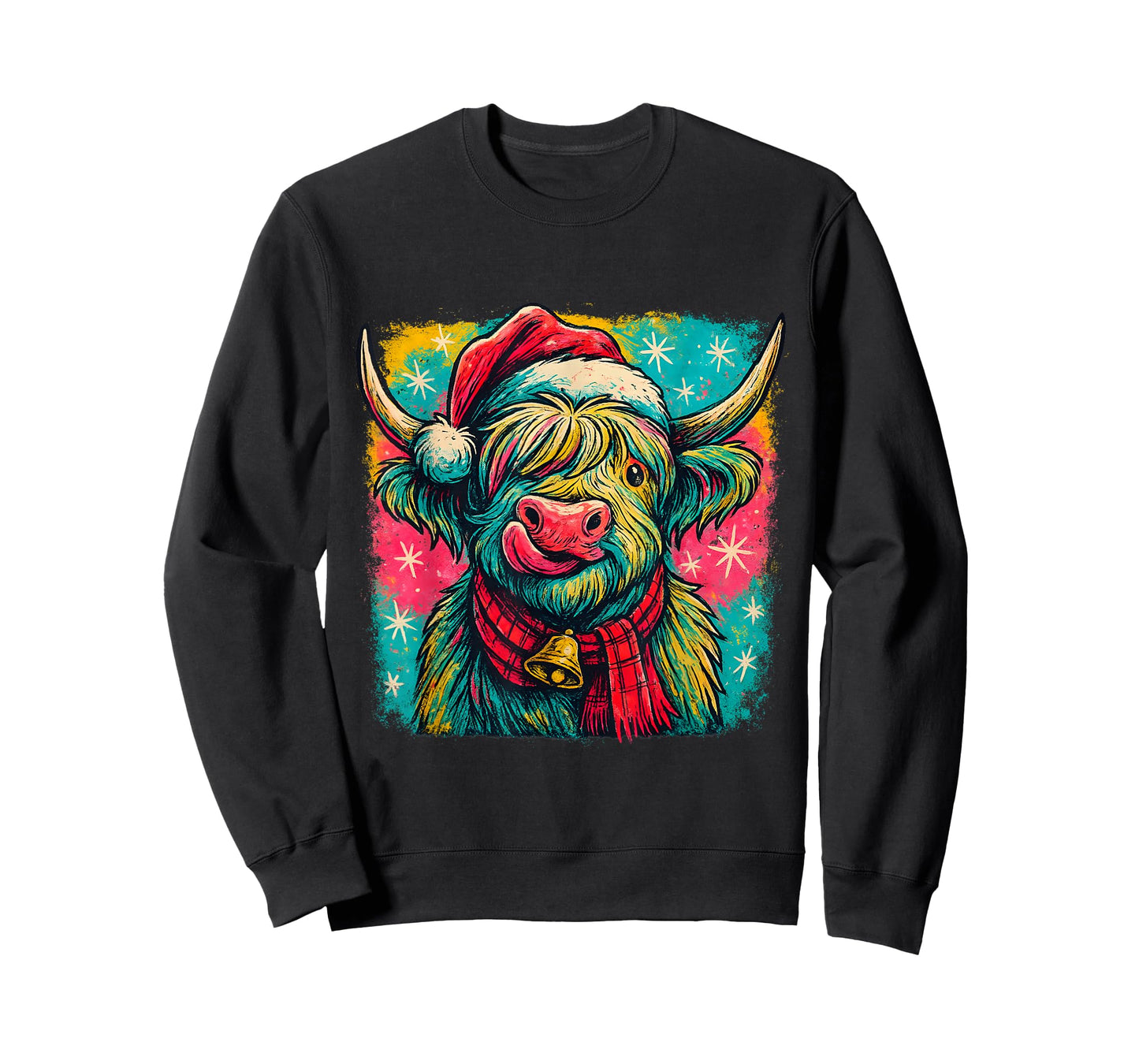 Colorful Highland Cow Christmas Plaid Bell Holiday Art T-Shirt