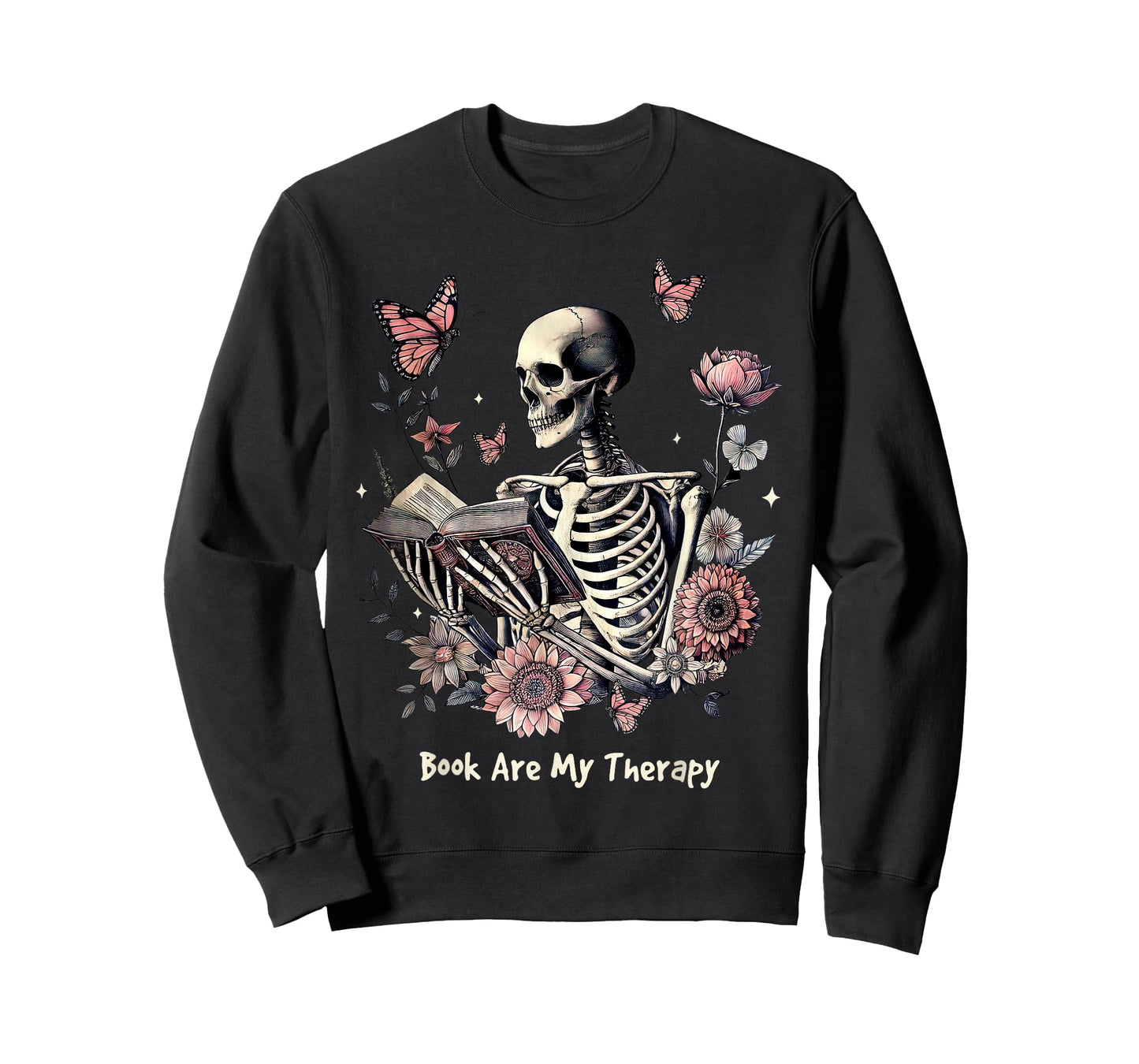 Book are My Therapy Skeleton Book Reading Floral Butterfly T-Shirt