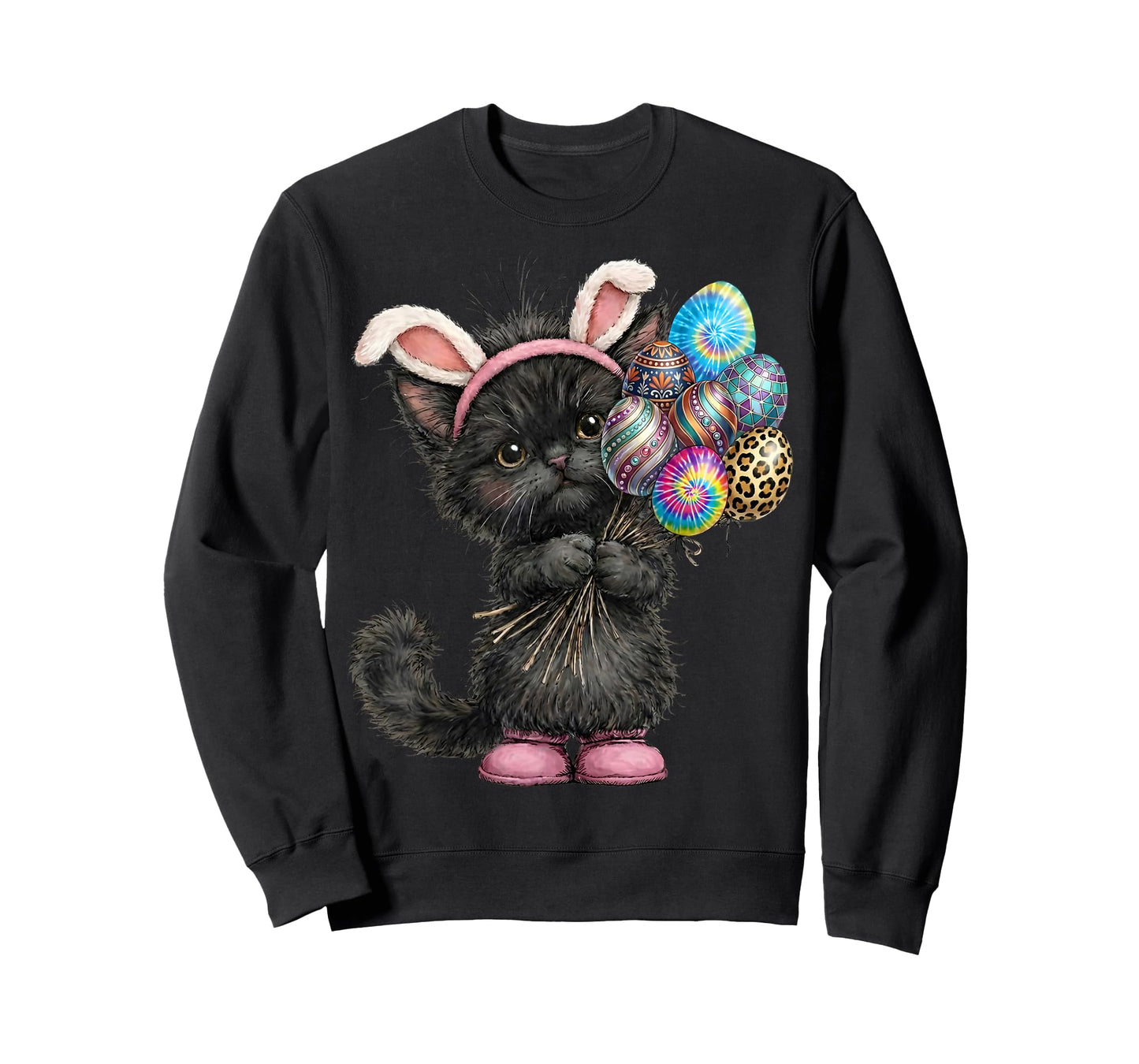 Cute Black Cat Easter Bunny Ears Eggs Easter Day Women Kids T-Shirt