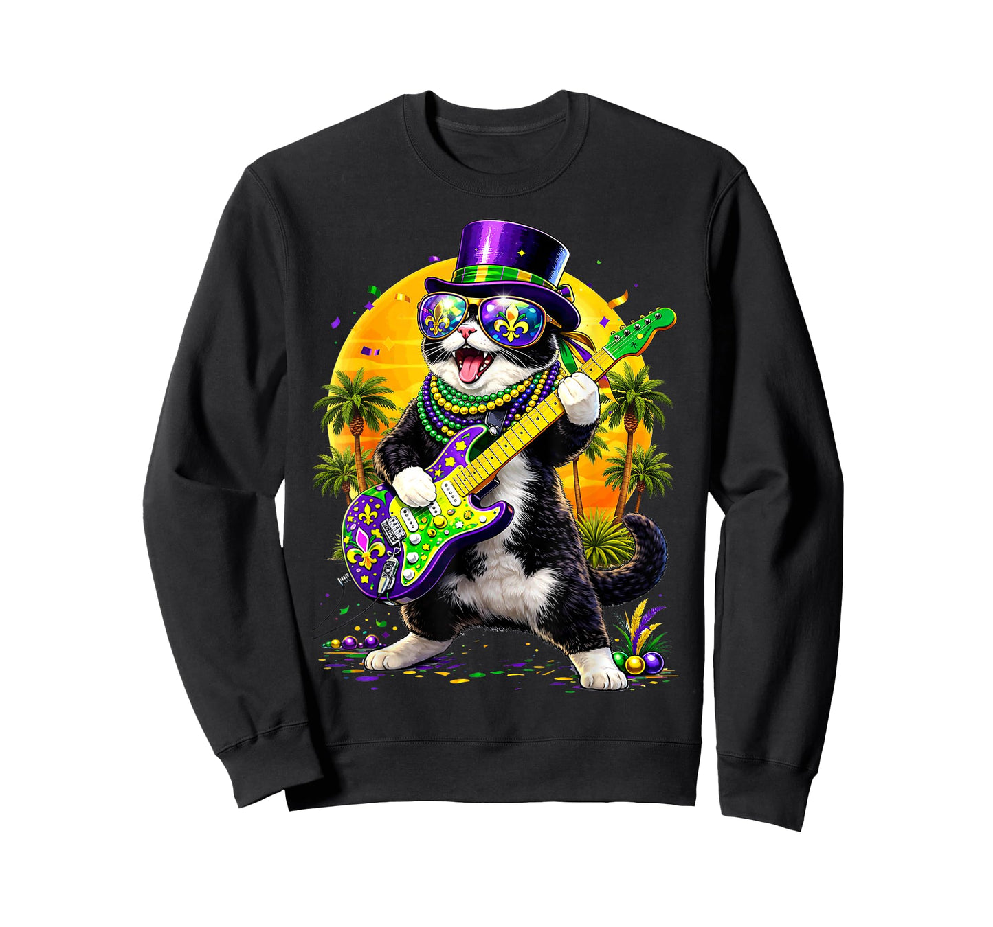 Funny Cat Playing Guitar Mardi Gras Men Women Teens Kids T-Shirt
