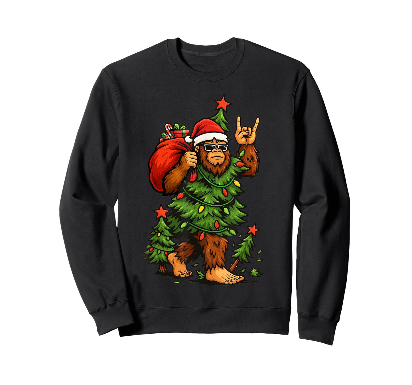 Santa Bigfoot Christmas Tree Xmas Lights Funny Sasquatch T-Shirt