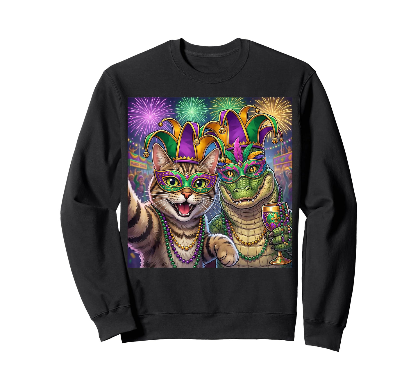 Funny Cat Alligator Selfie Mardi Gras Carnival Party Art T-Shirt