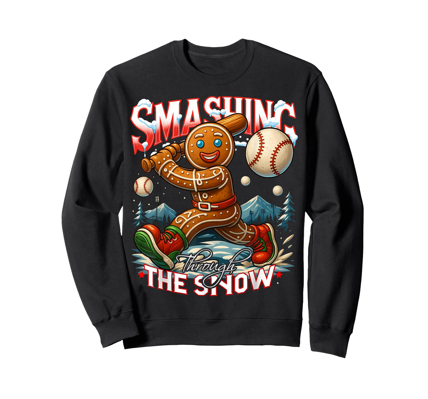 Baseball Player Christmas Gingerbread Smashing Through Snow T-Shirt