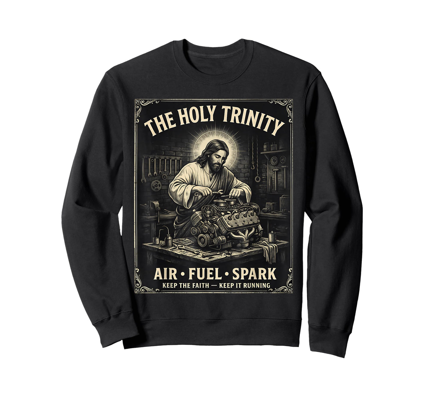 The Holy Trinity Air Fuel Spark Mechanic Jesus Humor T-Shirt