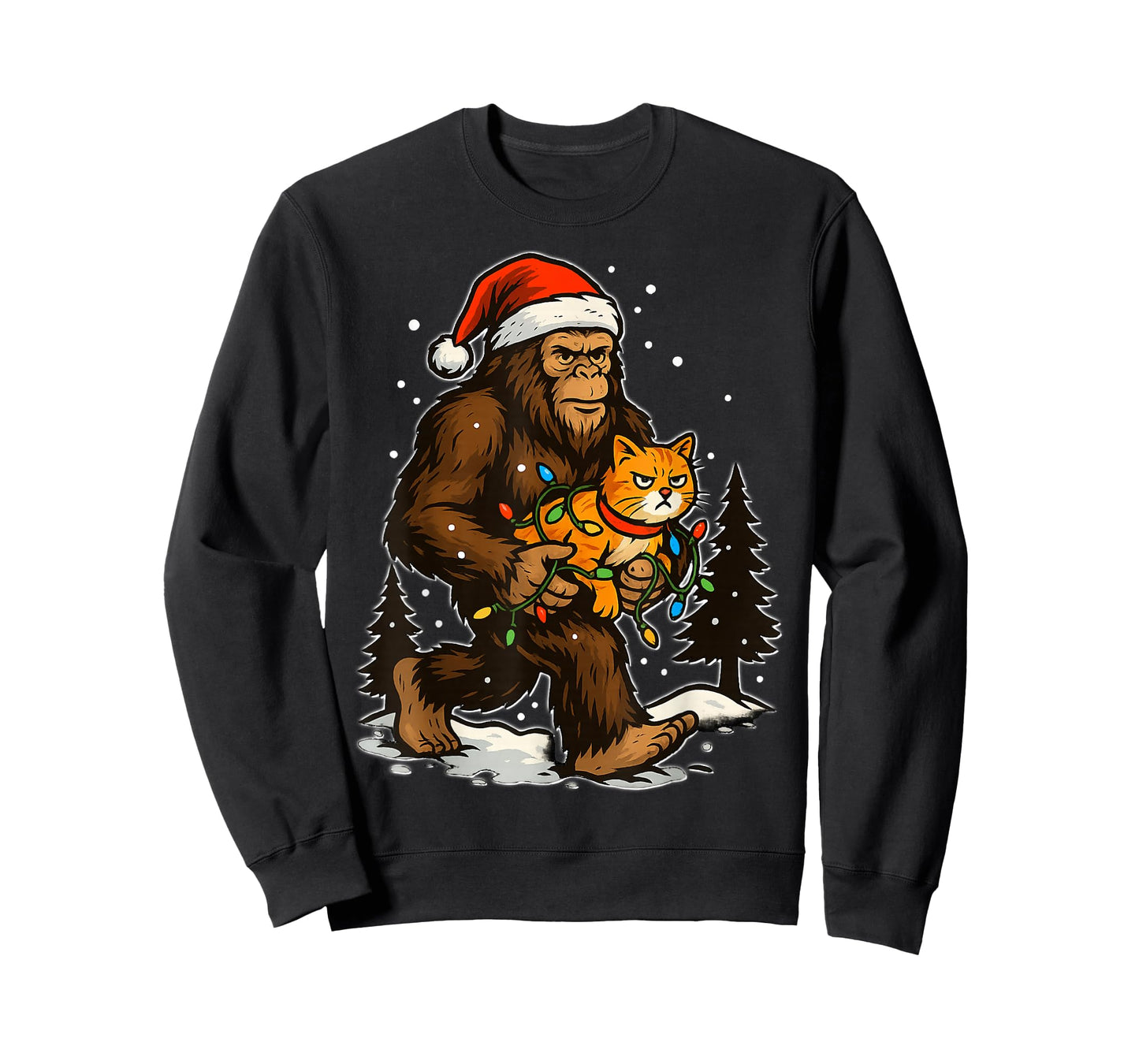 Christmas Bigfoot with Cat and Lights Santa Hat Funny Xmas T-Shirt