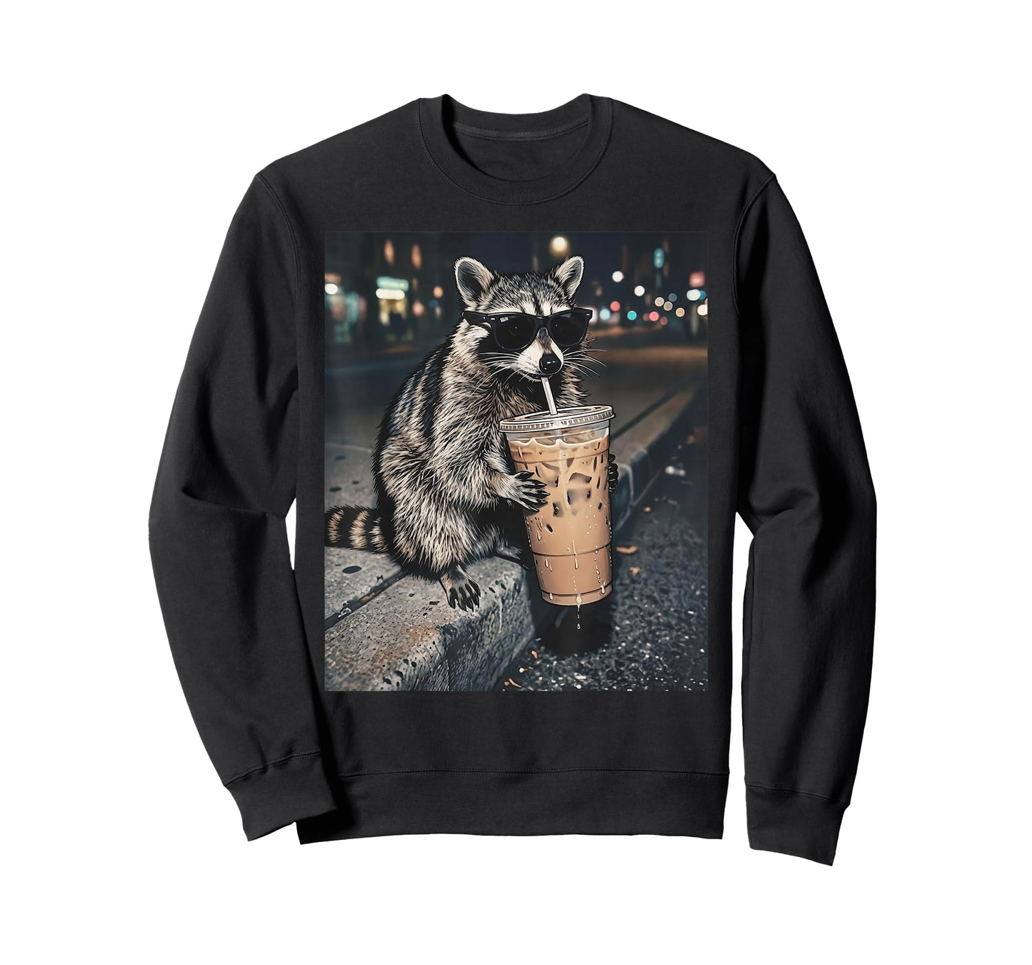 Raccoon Drinking Iced Coffee Funny Animal Meme Men Women T-Shirt