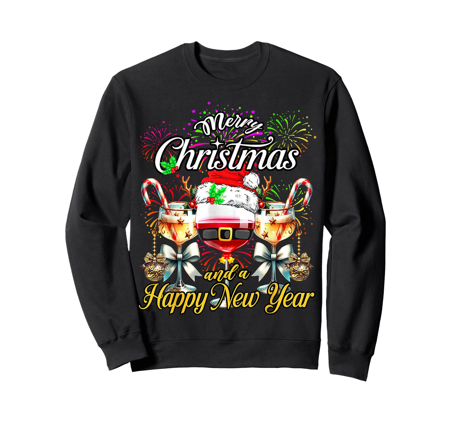 Merry Christmas and A Happy New Year Firework Wine Glasses T-Shirt