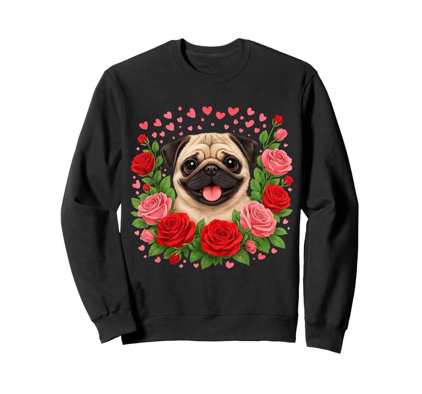 Cute Valentine Pug with Roses and Hearts T-Shirt