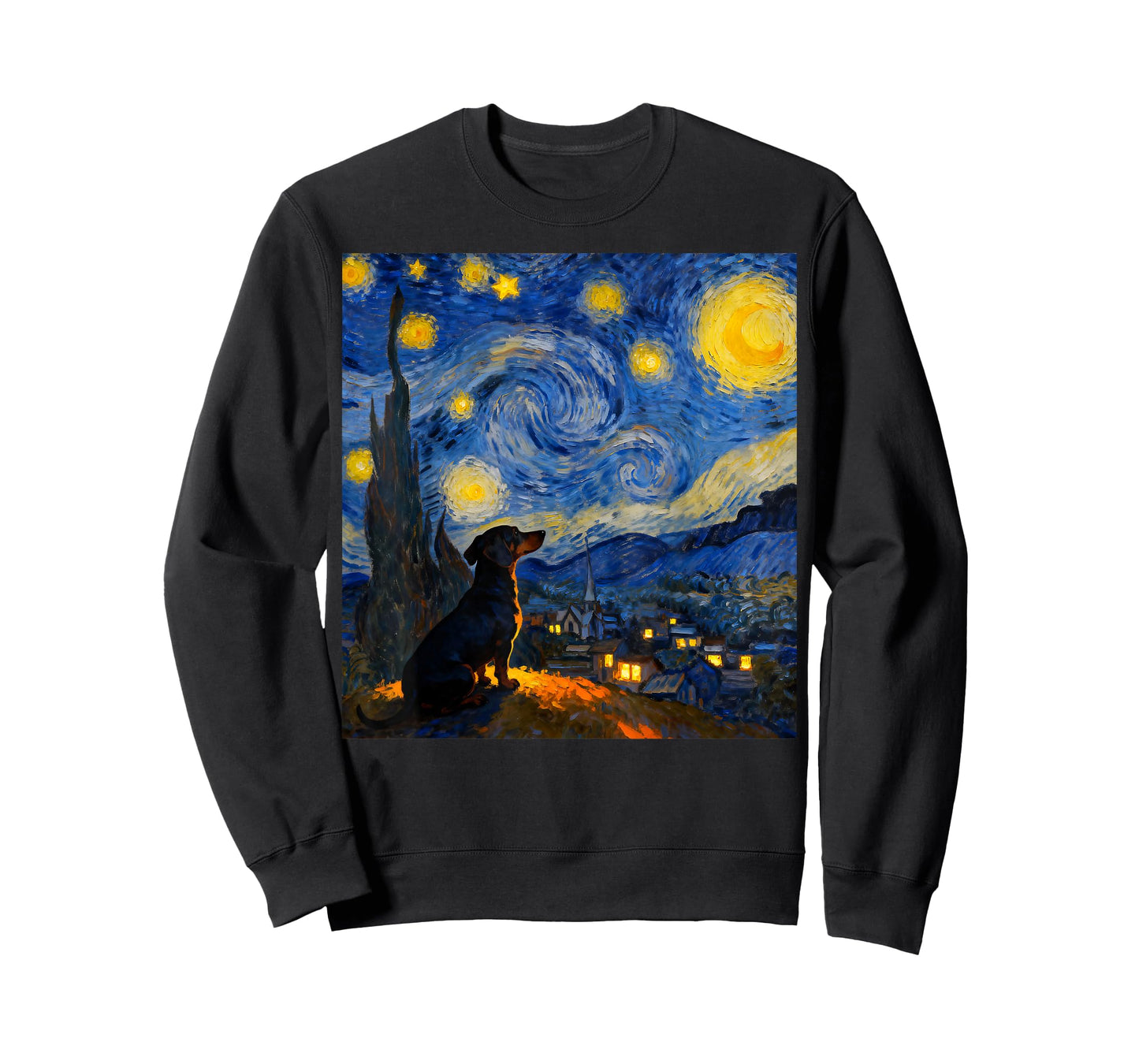 Funny Dachshund Graphic Van Gogh Style Starry Night T-Shirt