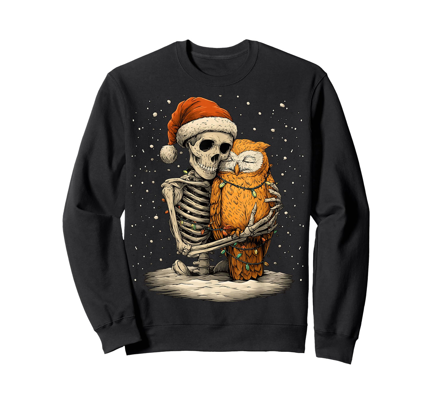 Skeleton Hugging an Owl with Santa Hat Snow Gothic Christmas T-Shirt