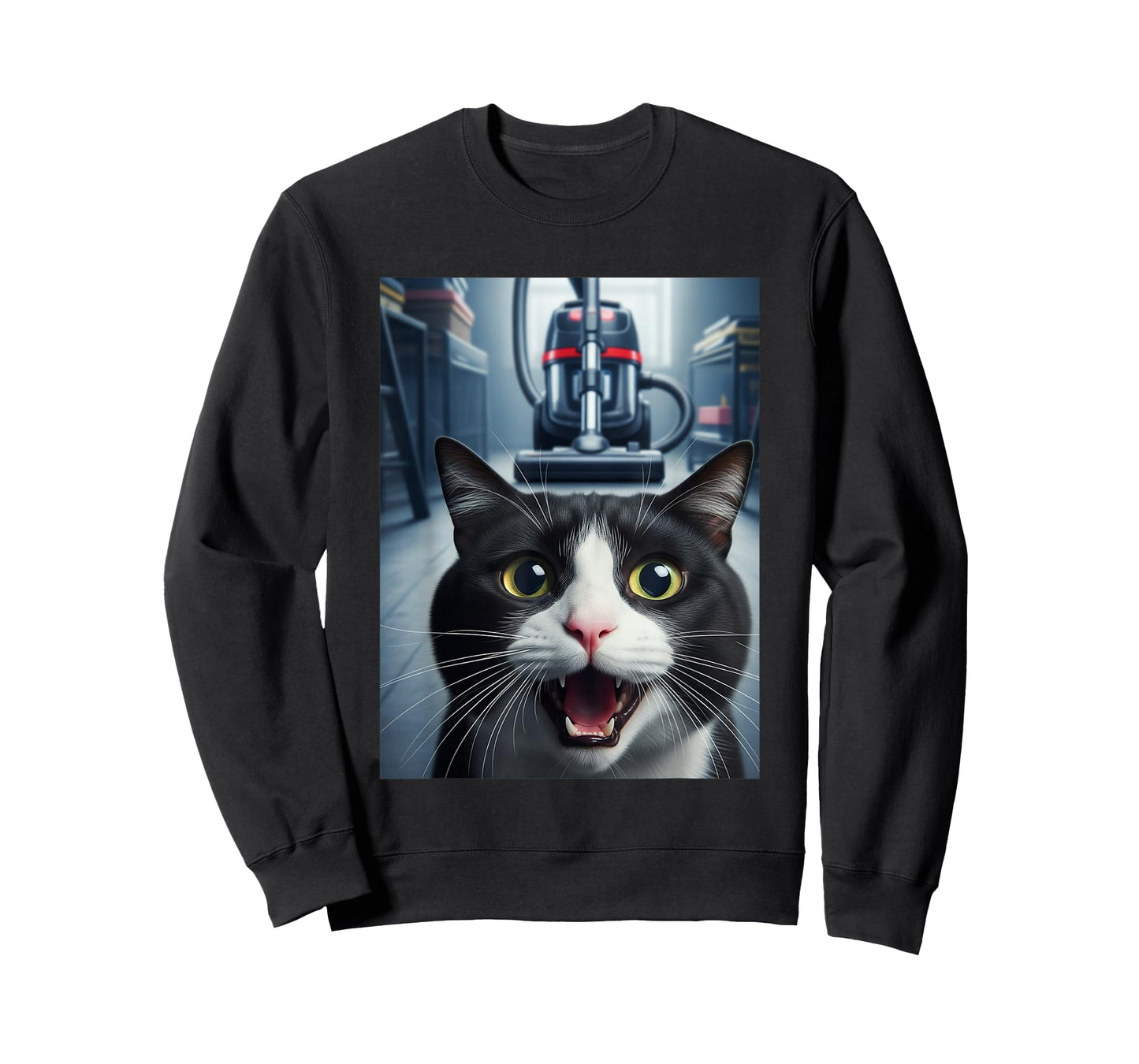 Funny Tuxedo Cat Selfie with Vacuum Chase Meme T-Shirt