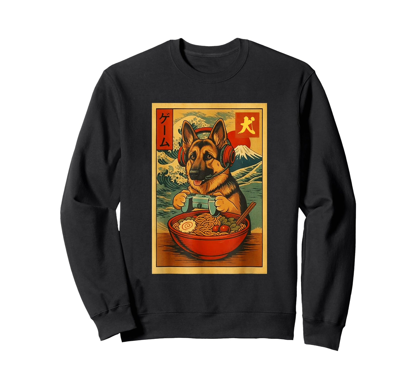 German Shepherd Gaming Ramen Ukiyo-e Great Wave Retro Art T-Shirt