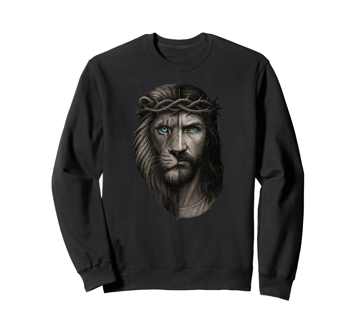 Lion and Jesus Half Face Crown of Thorns Blue Eyes Art T-Shirt