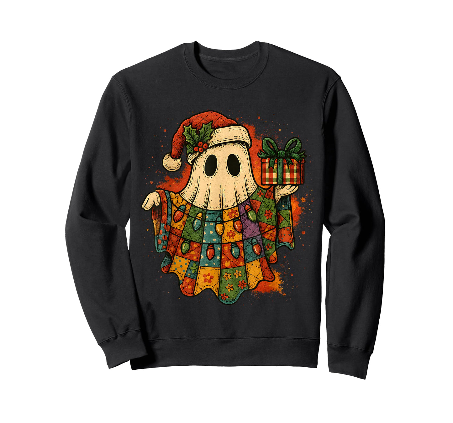Vintage Christmas Ghost Patchwork Lights Design T-Shirt