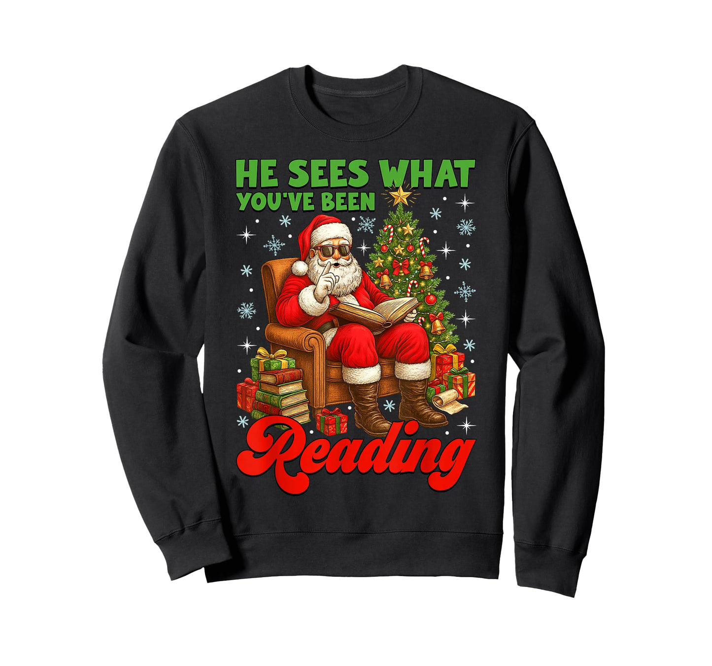 He Sees What You've Been Reading Funny Bookish Christmas T-Shirt